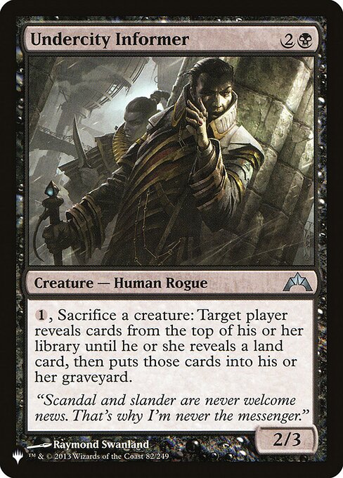 {1}, Sacrifice a creature: Target player reveals cards from the top of their library until they reveal a land card, then puts those cards into their graveyard.