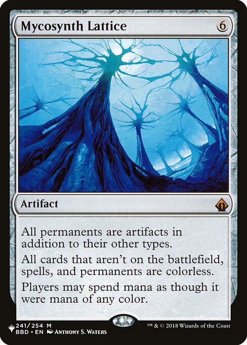 All permanents are artifacts in addition to their other types.
All cards that aren't on the battlefield, spells, and permanents are colorless.
Players may spend mana as though it were mana of any color.