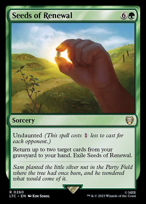 Undaunted (This spell costs {1} less to cast for each opponent.)
Return up to two target cards from your graveyard to your hand. Exile Seeds of Renewal.