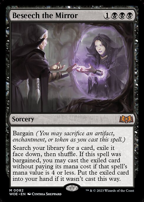 Bargain (You may sacrifice an artifact, enchantment, or token as you cast this spell.)
Search your library for a card, exile it face down, then shuffle. If this spell was bargained, you may cast the exiled card without paying its mana cost if that spell's mana value is 4 or less. Put the exiled card into your hand if it wasn't cast this way.
