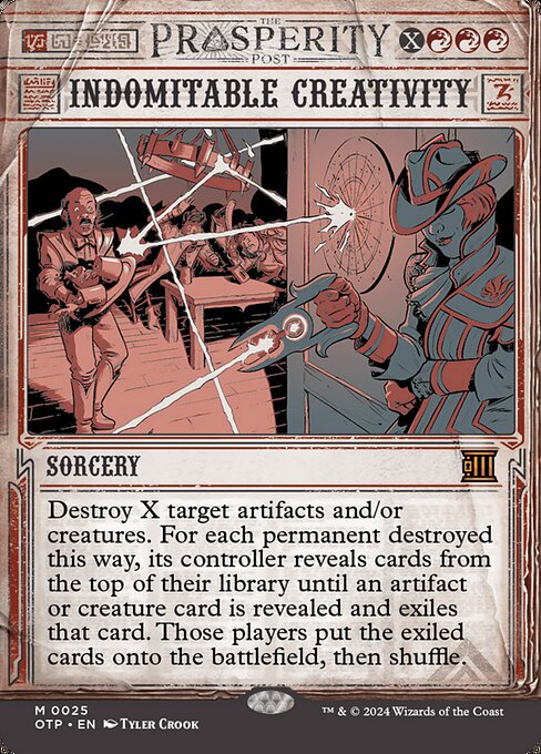 Destroy X target artifacts and/or creatures. For each permanent destroyed this way, its controller reveals cards from the top of their library until an artifact or creature card is revealed and exiles that card. Those players put the exiled cards onto the battlefield, then shuffle.