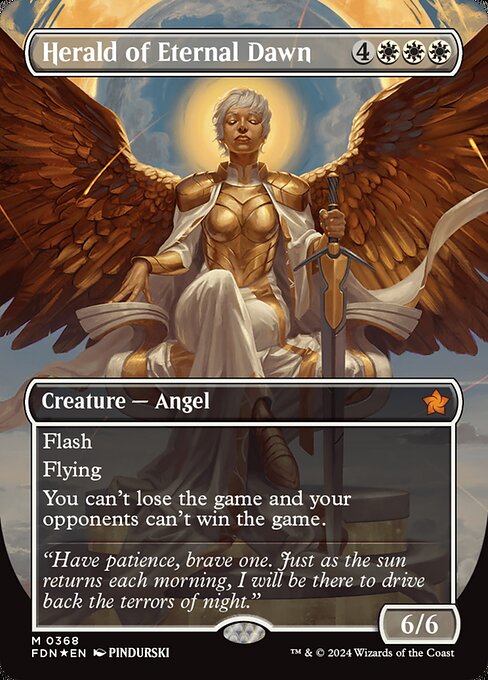 Flash (You may cast this spell any time you could cast an instant.)
Flying
You can't lose the game and your opponents can't win the game.