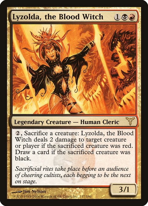 {2}, Sacrifice a creature: Lyzolda, the Blood Witch deals 2 damage to any target if the sacrificed creature was red. Draw a card if the sacrificed creature was black.