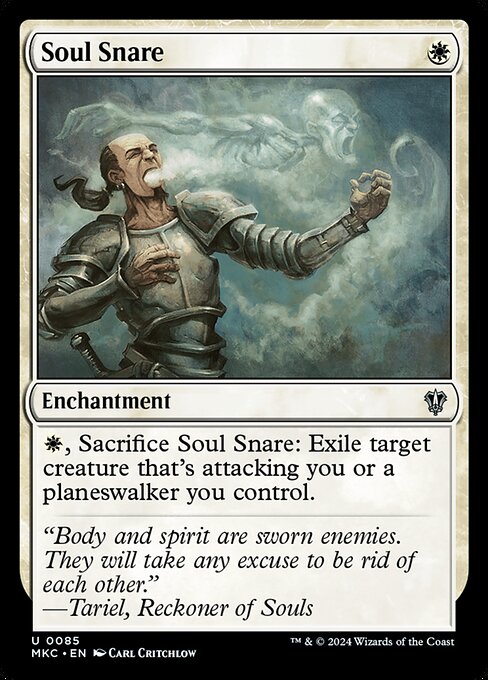 {W}, Sacrifice Soul Snare: Exile target creature that's attacking you or a planeswalker you control.