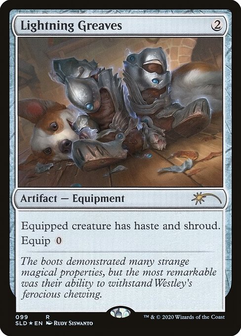 Equipped creature has haste and shroud. (It can't be the target of spells or abilities.)
Equip {0}