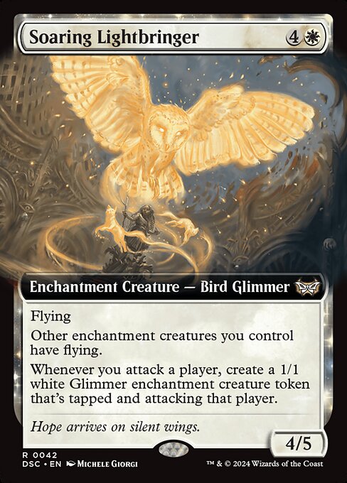 Flying
Other enchantment creatures you control have flying.
Whenever you attack a player, create a 1/1 white Glimmer enchantment creature token that's tapped and attacking that player.