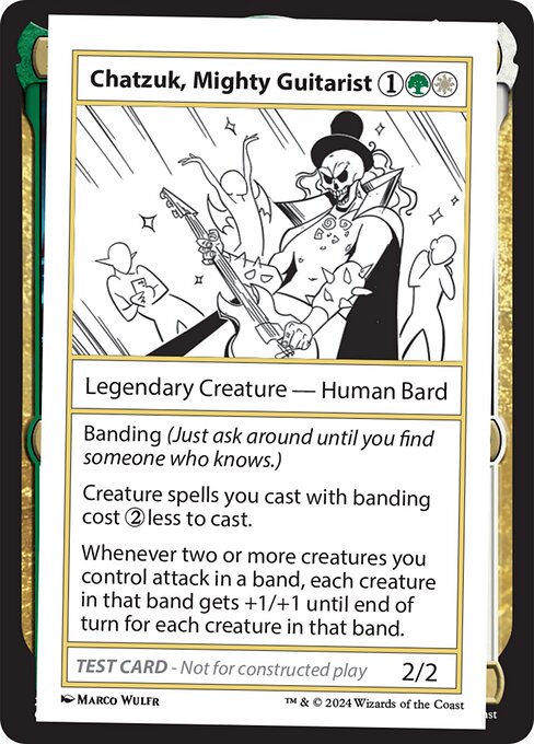 Banding (Just ask around until you find someone who knows.)
Creature spells you cast with banding cost {2} less to cast.
Whenever two or more creatures you control attack in a band, each creature in that band gets +1/+1 until end of turn for each creature in that band.