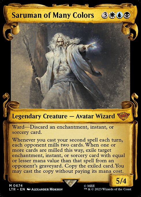 Ward—Discard an enchantment, instant, or sorcery card.
Whenever you cast your second spell each turn, each opponent mills two cards. When one or more cards are milled this way, exile target enchantment, instant, or sorcery card with equal or lesser mana value than that spell from an opponent's graveyard. Copy the exiled card. You may cast the copy without paying its mana cost.