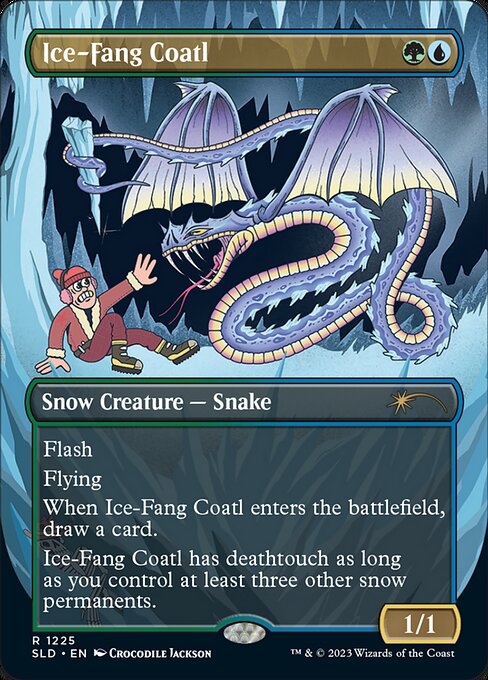 Flash
Flying
When Ice-Fang Coatl enters the battlefield, draw a card.
Ice-Fang Coatl has deathtouch as long as you control at least three other snow permanents.