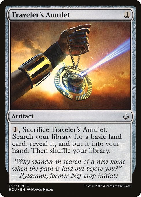 {1}, Sacrifice Traveler's Amulet: Search your library for a basic land card, reveal it, put it into your hand, then shuffle.