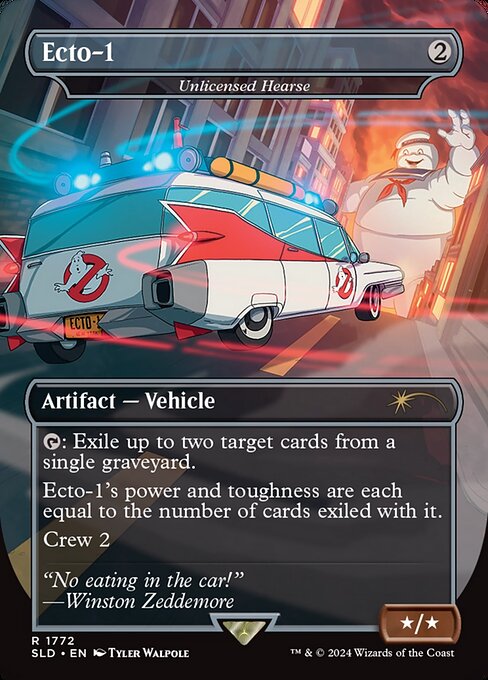 {T}: Exile up to two target cards from a single graveyard.
Unlicensed Hearse's power and toughness are each equal to the number of cards exiled with it.
Crew 2