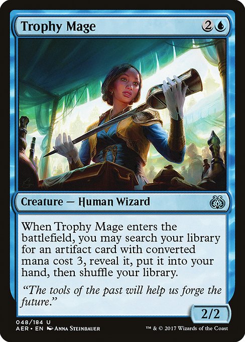 When Trophy Mage enters the battlefield, you may search your library for an artifact card with mana value 3, reveal it, put it into your hand, then shuffle.