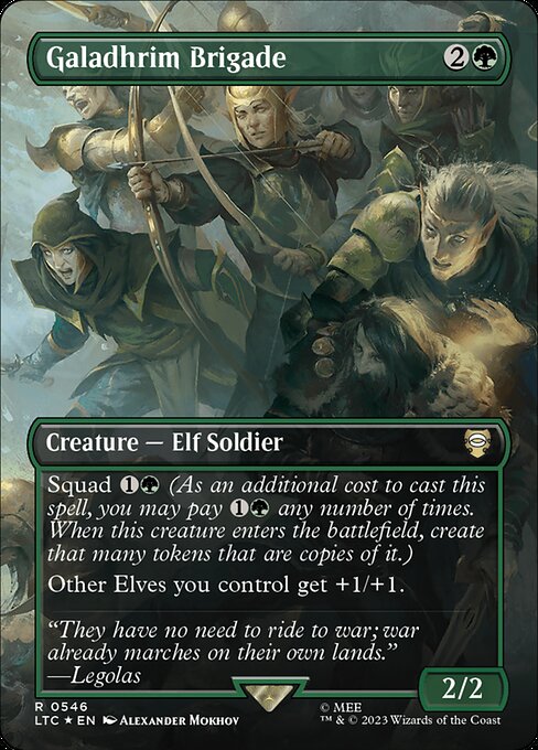 Squad {1}{G} (As an additional cost to cast this spell, you may pay {1}{G} any number of times. When this creature enters the battlefield, create that many tokens that are copies of it.)
Other Elves you control get +1/+1.