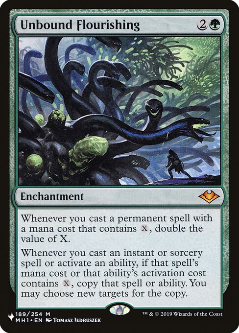 Whenever you cast a permanent spell with a mana cost that contains {X}, double the value of X.
Whenever you cast an instant or sorcery spell or activate an ability, if that spell's mana cost or that ability's activation cost contains {X}, copy that spell or ability. You may choose new targets for the copy.