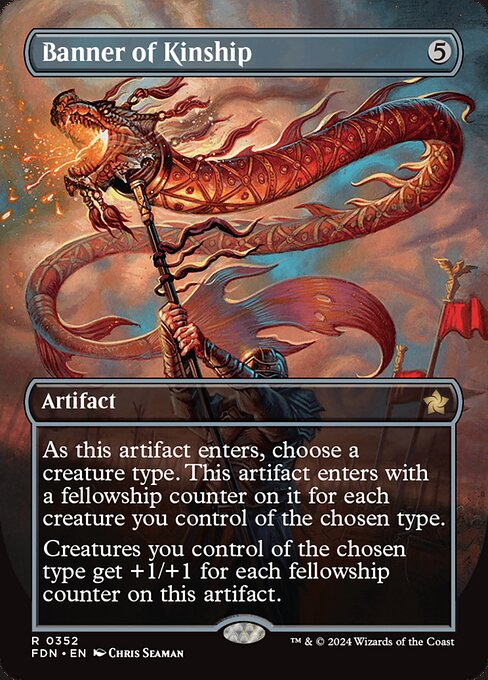 As this artifact enters, choose a creature type. This artifact enters with a fellowship counter on it for each creature you control of the chosen type.
Creatures you control of the chosen type get +1/+1 for each fellowship counter on this artifact.