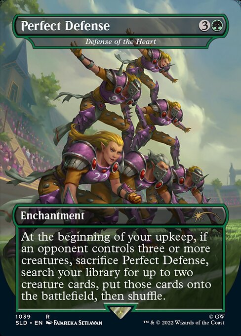 At the beginning of your upkeep, if an opponent controls three or more creatures, sacrifice Defense of the Heart, search your library for up to two creature cards, put those cards onto the battlefield, then shuffle.