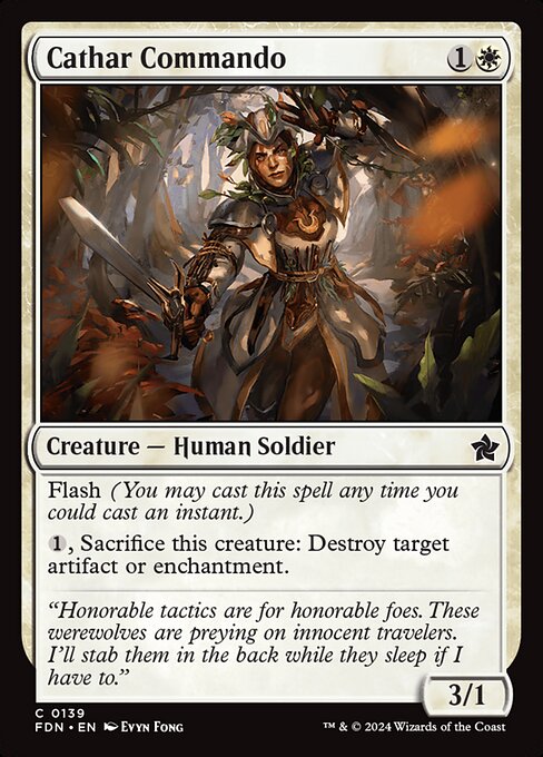 Flash
{1}, Sacrifice Cathar Commando: Destroy target artifact or enchantment.