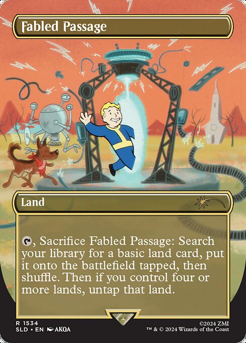 {T}, Sacrifice Fabled Passage: Search your library for a basic land card, put it onto the battlefield tapped, then shuffle. Then if you control four or more lands, untap that land.