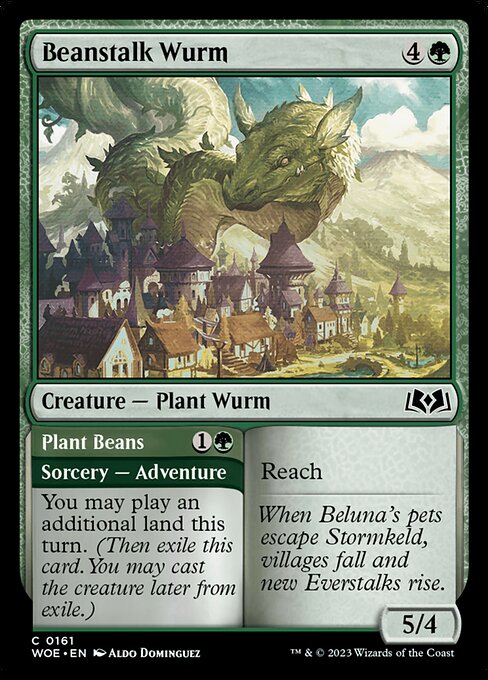 Reach   You may play an additional land this turn. (Then exile this card. You may cast the creature later from exile.)