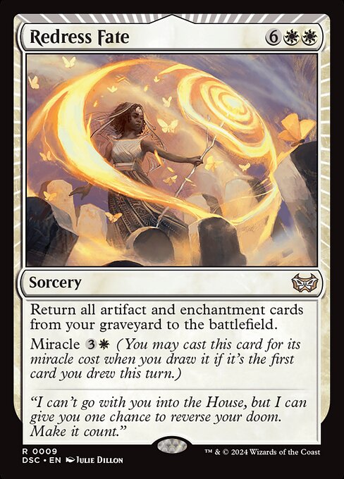 Return all artifact and enchantment cards from your graveyard to the battlefield.
Miracle {3}{W} (You may cast this card for its miracle cost when you draw it if it's the first card you drew this turn.)