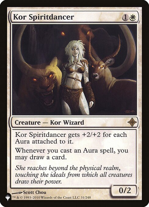 Kor Spiritdancer gets +2/+2 for each Aura attached to it.
Whenever you cast an Aura spell, you may draw a card.