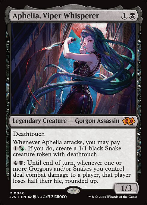 Deathtouch
Whenever Aphelia attacks, you may pay {1}{B/G}. If you do, create a 1/1 black Snake creature token with deathtouch.
{4}{B}: Until end of turn, whenever one or more Gorgons and/or Snakes you control deal combat damage to a player, that player loses half their life, rounded up.