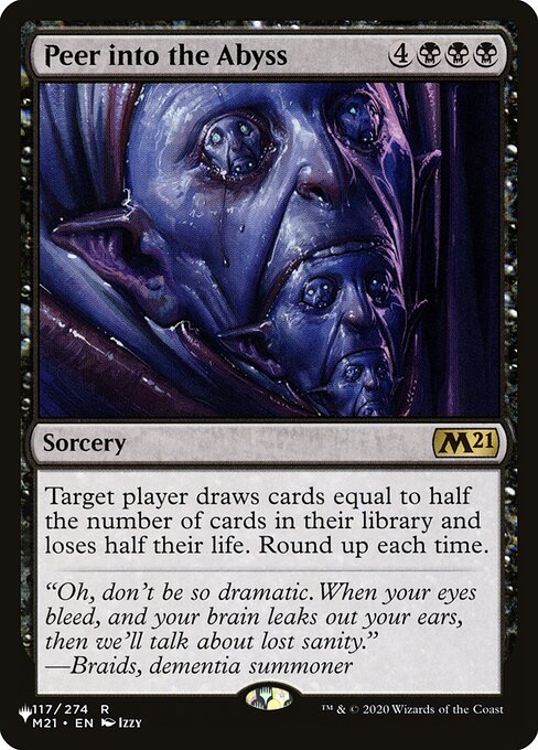 Target player draws cards equal to half the number of cards in their library and loses half their life. Round up each time.