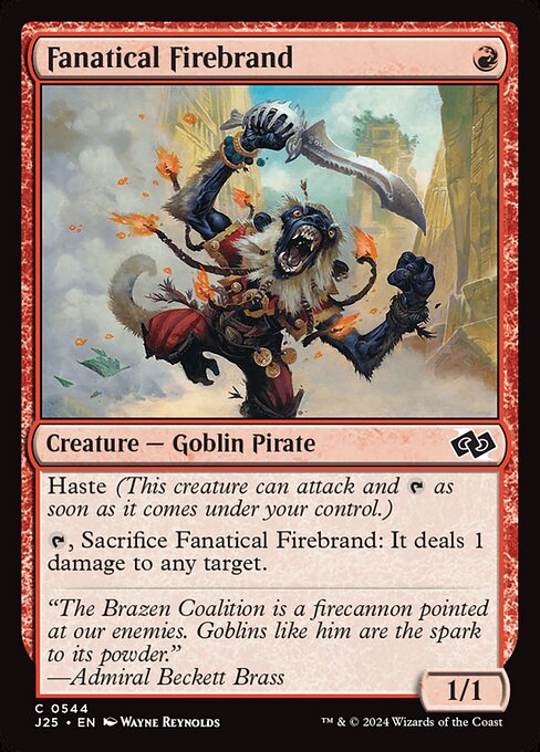 Haste (This creature can attack and {T} as soon as it comes under your control.)
{T}, Sacrifice this creature: It deals 1 damage to any target.