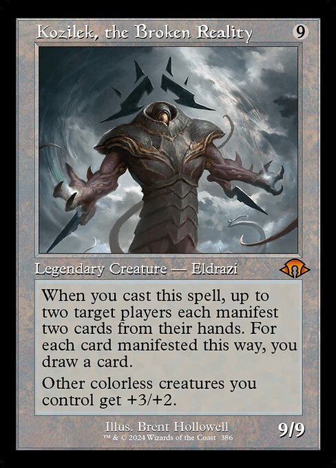 When you cast this spell, up to two target players each manifest two cards from their hands. For each card manifested this way, you draw a card. (To manifest a card, put it onto the battlefield face down as a 2/2 creature. Turn it face up any time for its mana cost if it's a creature card.)
Other colorless creatures you control get +3/+2.