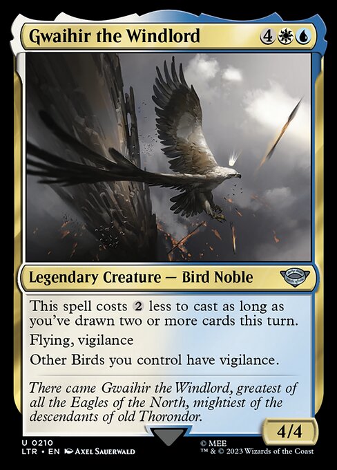 This spell costs {2} less to cast as long as you've drawn two or more cards this turn.
Flying, vigilance
Other Birds you control have vigilance.