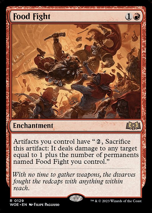 Artifacts you control have "{2}, Sacrifice this artifact: It deals damage to any target equal to 1 plus the number of permanents named Food Fight you control."