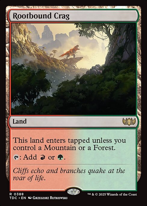 This land enters tapped unless you control a Mountain or a Forest.
{T}: Add {R} or {G}.