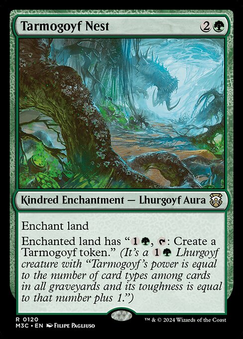 Enchant land
Enchanted land has "{1}{G}, {T}: Create a Tarmogoyf token." (It's a {1}{G} Lhurgoyf creature with "Tarmogoyf's power is equal to the number of card types among cards in all graveyards and its toughness is equal to that number plus 1.")