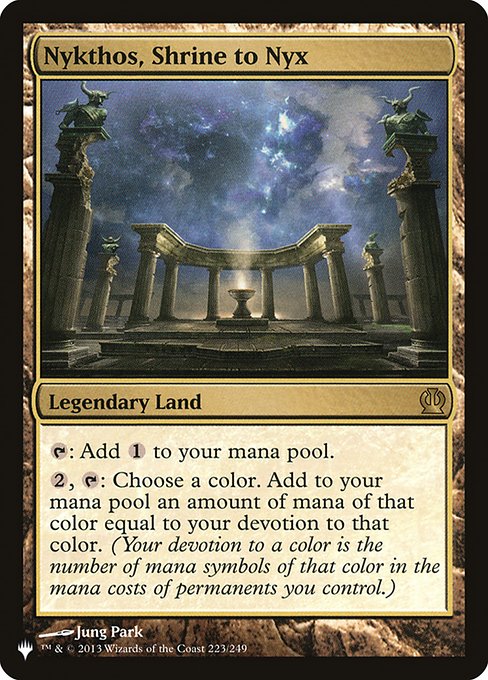 {T}: Add {C}.
{2}, {T}: Choose a color. Add an amount of mana of that color equal to your devotion to that color. (Your devotion to a color is the number of mana symbols of that color in the mana costs of permanents you control.)