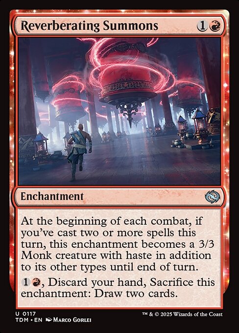 At the beginning of each combat, if you've cast two or more spells this turn, this enchantment becomes a 3/3 Monk creature with haste in addition to its other types until end of turn.
{1}{R}, Discard your hand, Sacrifice this enchantment: Draw two cards.