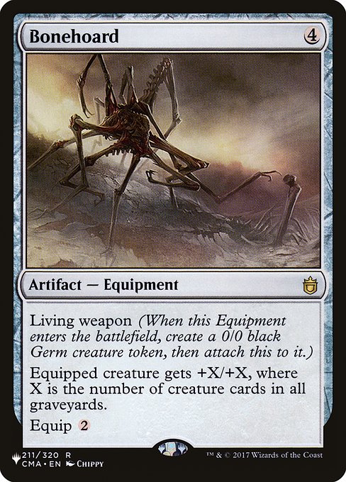 Living weapon (When this Equipment enters the battlefield, create a 0/0 black Phyrexian Germ creature token, then attach this to it.)
Equipped creature gets +X/+X, where X is the number of creature cards in all graveyards.
Equip {2}