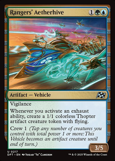 Vigilance
Whenever you activate an exhaust ability, create a 1/1 colorless Thopter artifact creature token with flying.
Crew 1 (Tap any number of creatures you control with total power 1 or more: This Vehicle becomes an artifact creature until end of turn.)