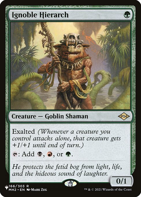 Exalted (Whenever a creature you control attacks alone, that creature gets +1/+1 until end of turn.)
{T}: Add {B}, {R}, or {G}.