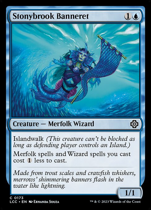 Islandwalk (This creature can't be blocked as long as defending player controls an Island.)
Merfolk spells and Wizard spells you cast cost {1} less to cast.