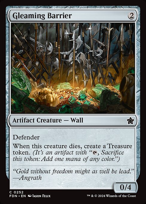 Defender
When this creature dies, create a Treasure token. (It's an artifact with "{T}, Sacrifice this token: Add one mana of any color.")