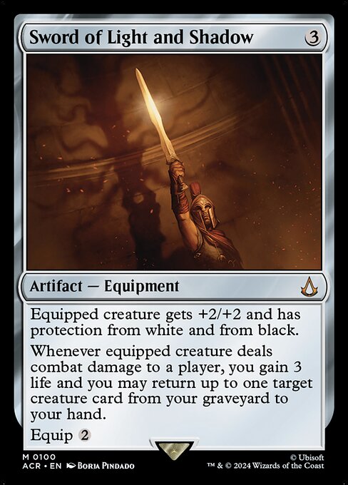 Equipped creature gets +2/+2 and has protection from white and from black.
Whenever equipped creature deals combat damage to a player, you gain 3 life and you may return up to one target creature card from your graveyard to your hand.
Equip {2}
