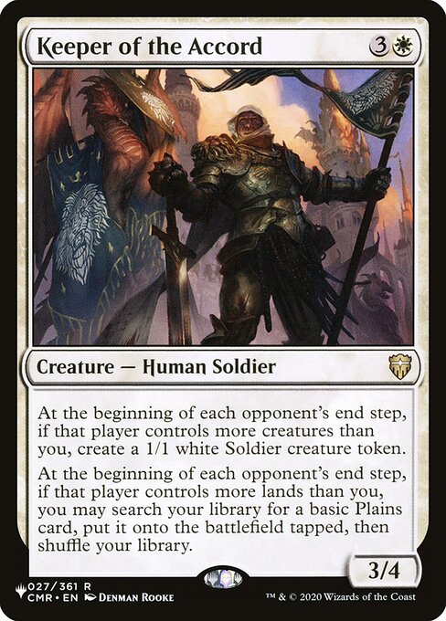 At the beginning of each opponent's end step, if that player controls more creatures than you, create a 1/1 white Soldier creature token.
At the beginning of each opponent's end step, if that player controls more lands than you, you may search your library for a basic Plains card, put it onto the battlefield tapped, then shuffle.