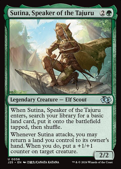 When Sutina, Speaker of the Tajuru enters, search your library for a basic land card, put it onto the battlefield tapped, then shuffle.
Whenever Sutina attacks, you may return a land you control to its owner's hand. When you do, put a +1/+1 counter on target creature.