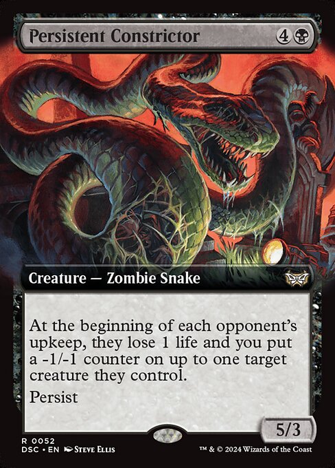At the beginning of each opponent's upkeep, they lose 1 life and you put a -1/-1 counter on up to one target creature they control.
Persist (When this creature dies, if it had no -1/-1 counters on it, return it to the battlefield under its owner's control with a -1/-1 counter on it.)