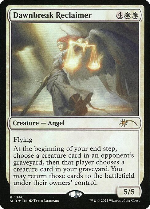 Flying
At the beginning of your end step, choose a creature card in an opponent's graveyard, then that player chooses a creature card in your graveyard. You may return those cards to the battlefield under their owners' control.