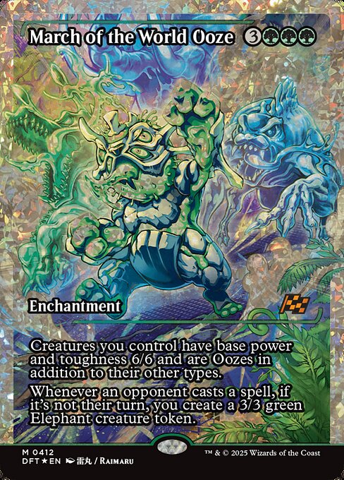 Creatures you control have base power and toughness 6/6 and are Oozes in addition to their other types.
Whenever an opponent casts a spell, if it's not their turn, you create a 3/3 green Elephant creature token.