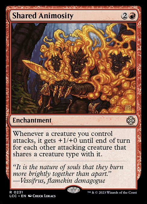 Whenever a creature you control attacks, it gets +1/+0 until end of turn for each other attacking creature that shares a creature type with it.