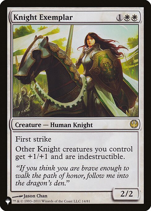 First strike (This creature deals combat damage before creatures without first strike.)
Other Knight creatures you control get +1/+1 and have indestructible. (Damage and effects that say "destroy" don't destroy them.)