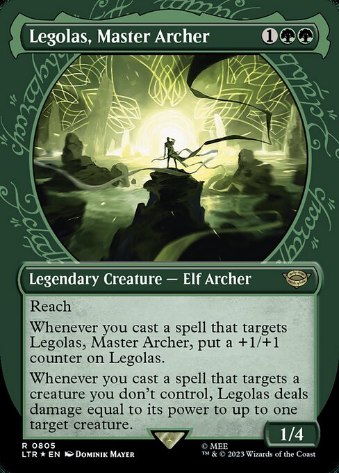 Reach
Whenever you cast a spell that targets Legolas, Master Archer, put a +1/+1 counter on Legolas.
Whenever you cast a spell that targets a creature you don't control, Legolas deals damage equal to its power to up to one target creature.