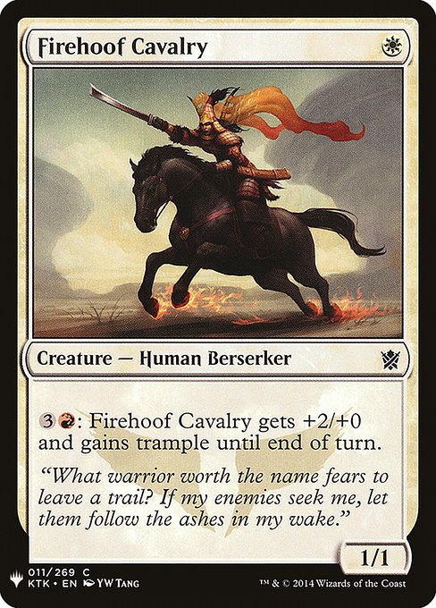 {3}{R}: Firehoof Cavalry gets +2/+0 and gains trample until end of turn.